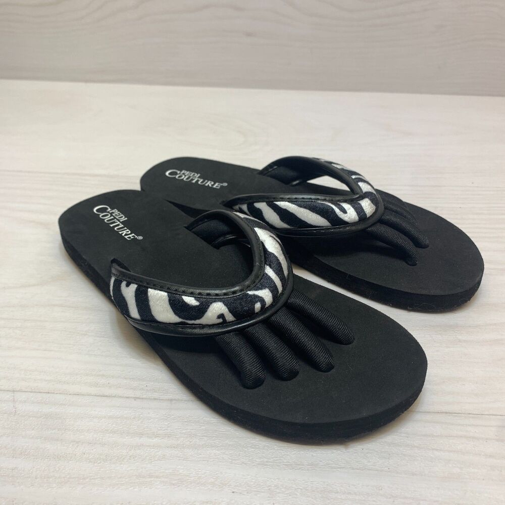 Pedi Couture Flip Flops Sandals Womens 6 Black Zebra Print Comfort SPA Pedicure